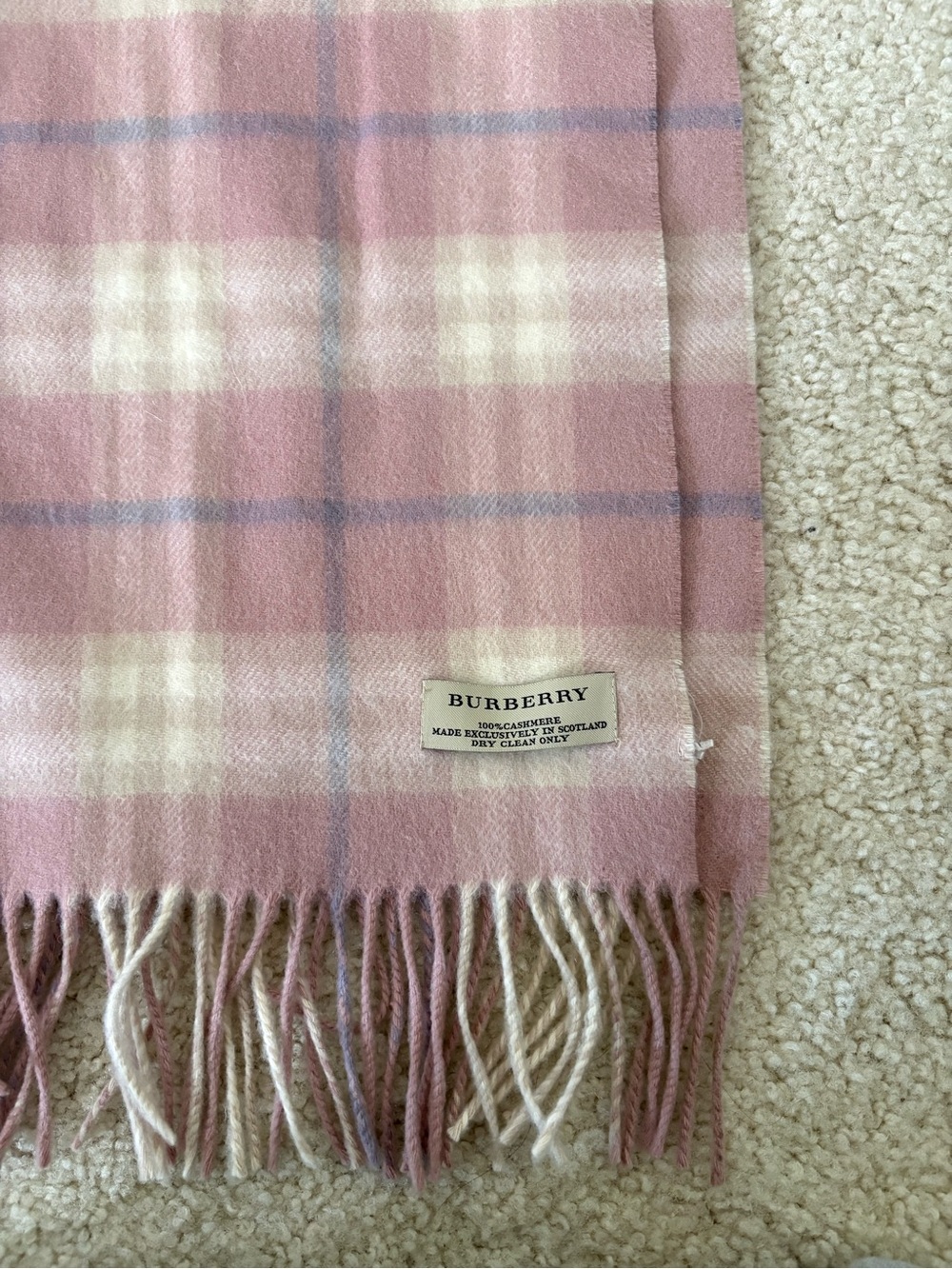 Burberry Pink Plaid Cashmere Scarf with Cream and Blue Accents